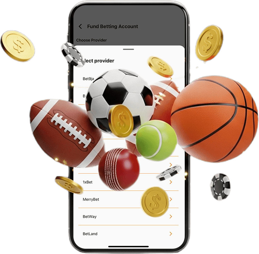 A phone showing AirtimeFlip betting account funding service and different sports balls scattered all over it