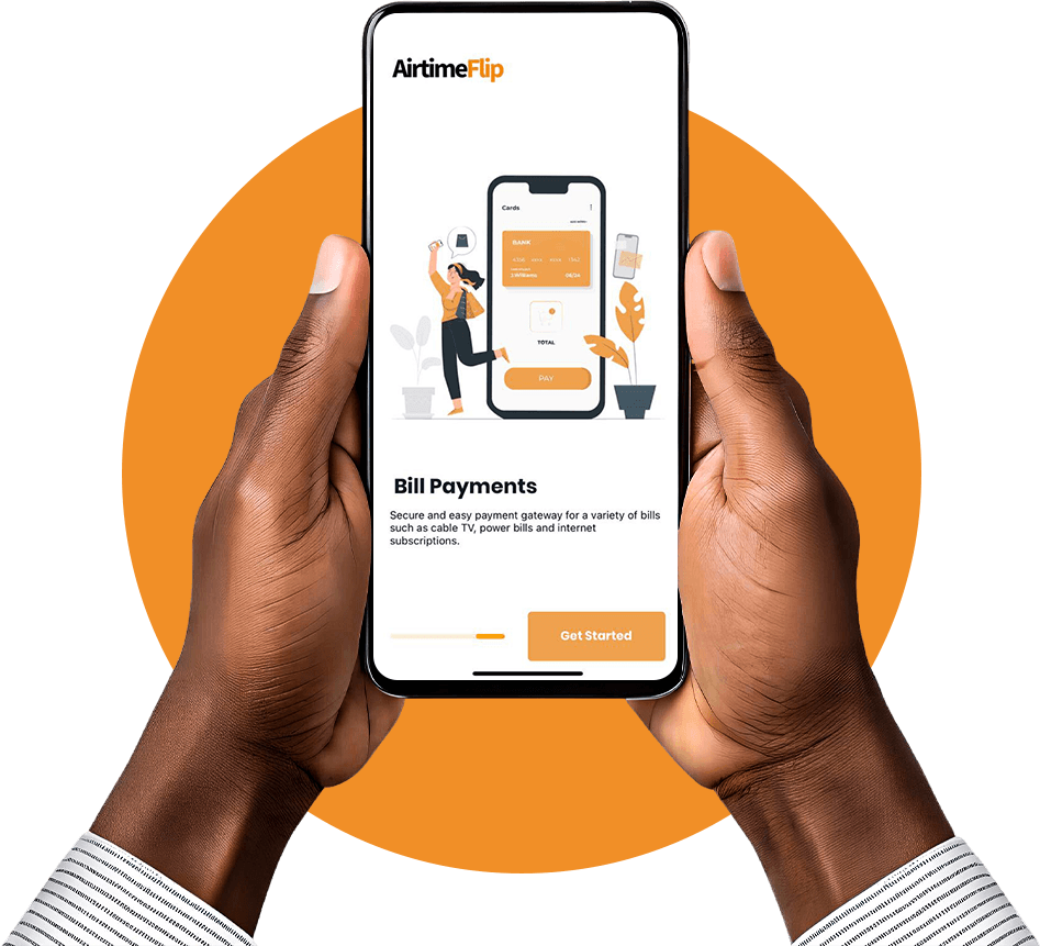 Hands holding a phone showing AirtimeFlip bill payment service