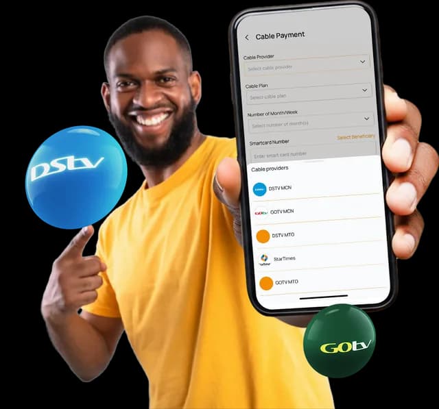A man holding a phone showing AirtimeFlip cable TV subscription service