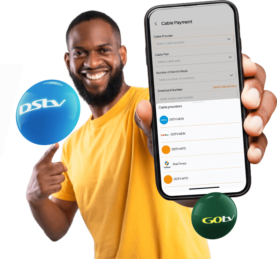 A man holding a phone showing AirtimeFlip cable TV subscription service