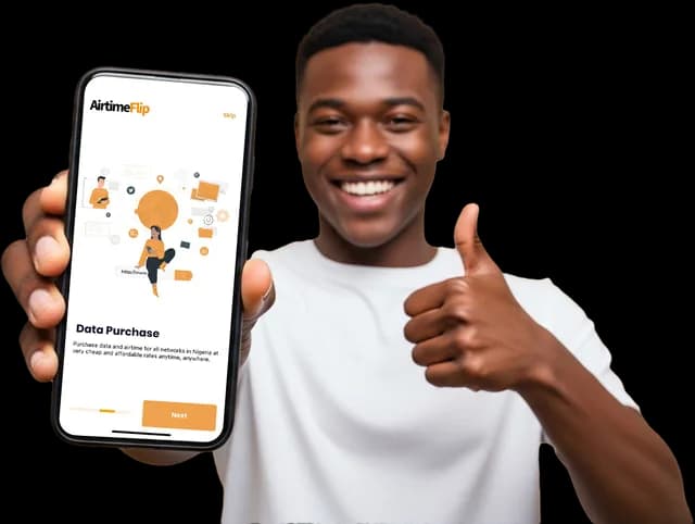 A man holding a phone showing AirtimeFlip data purchase service and giving a thumbs-up with the other hand