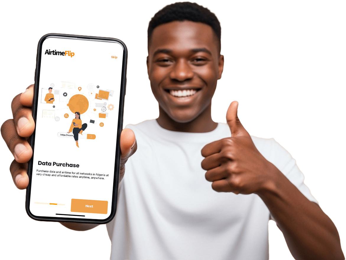 A man holding a phone showing AirtimeFlip data purchase service and giving a thumbs-up with the other hand