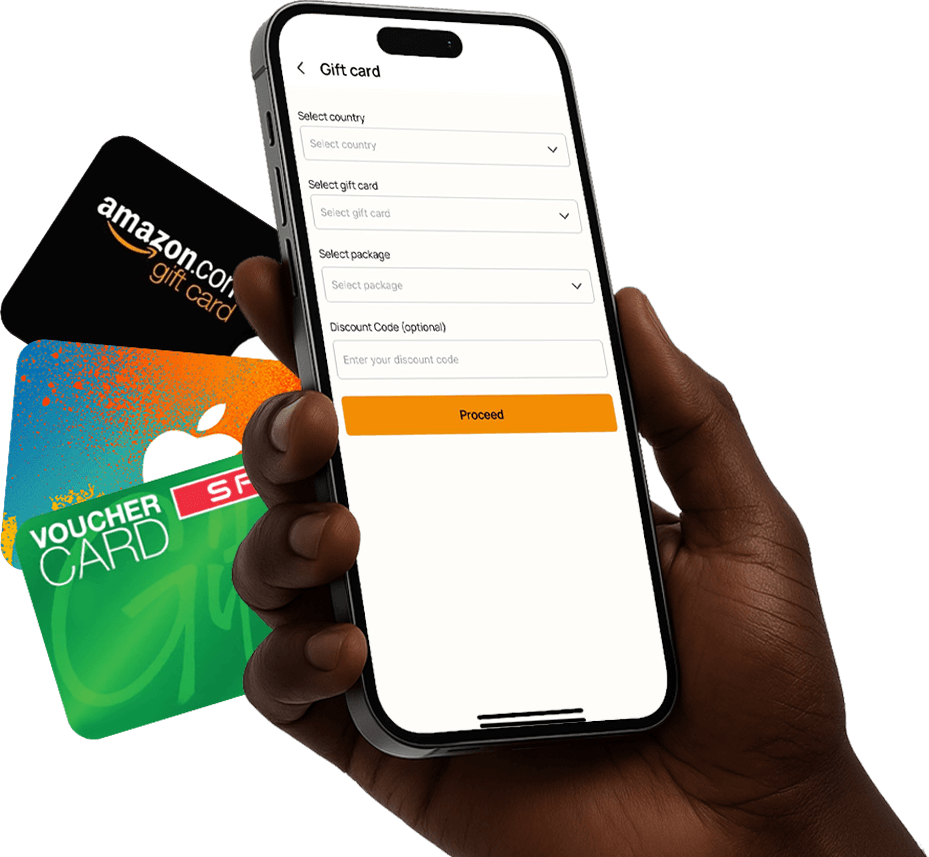 A hand holding a phone showing AirtimeFlip gift cards purchase service