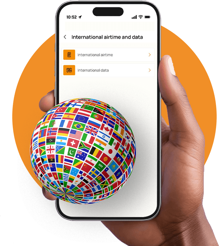 A hand holding a phone showing AirtimeFlip international airtime and data top-up service and a globe of all countries' flags