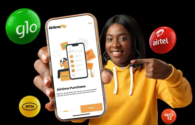 A woman holding and pointing at a phone showing AirtimeFlip airtime purchase service