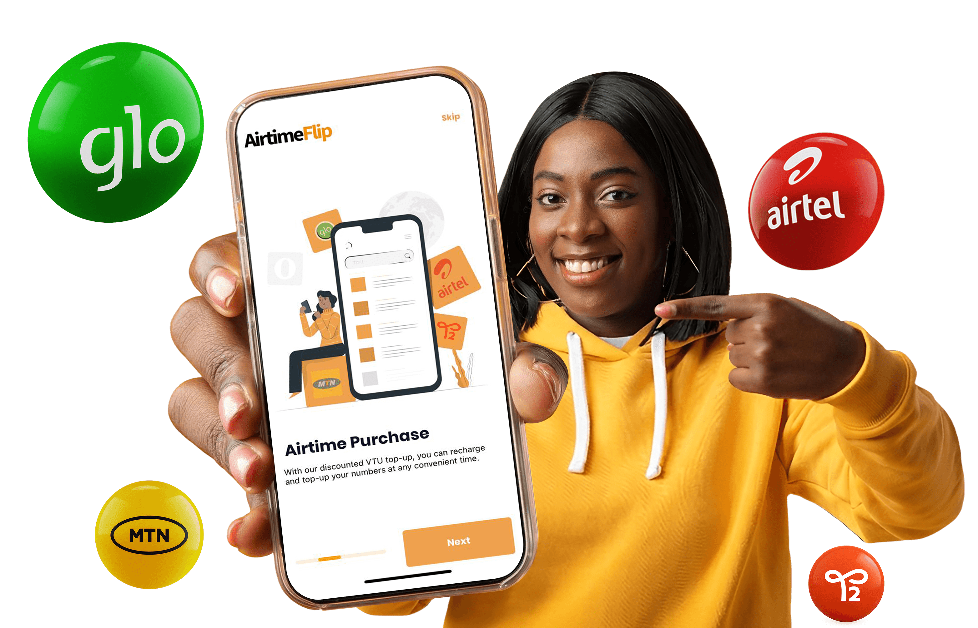 A woman holding and pointing at a phone showing AirtimeFlip airtime purchase service