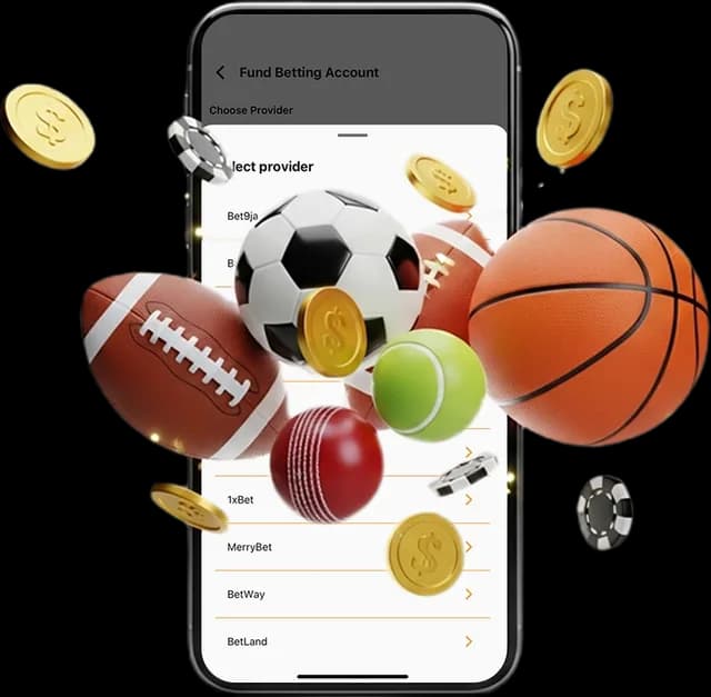 A phone showing AirtimeFlip betting account funding service and different sports balls scattered all over it