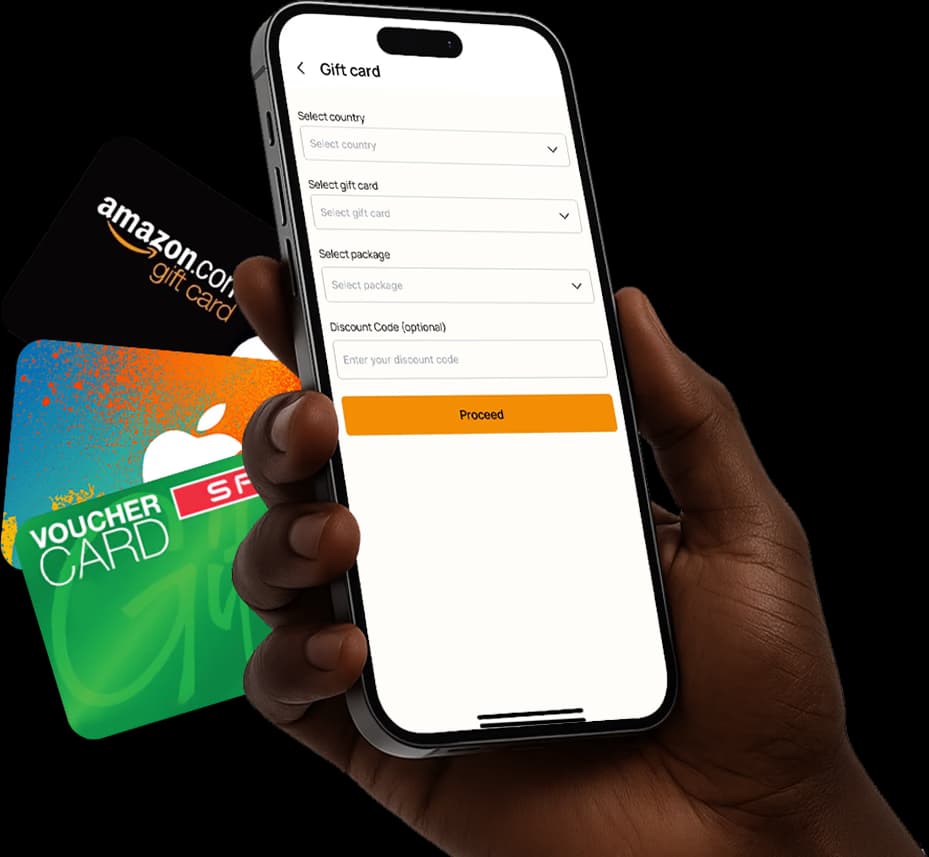 A hand holding a phone showing AirtimeFlip gift cards purchase service