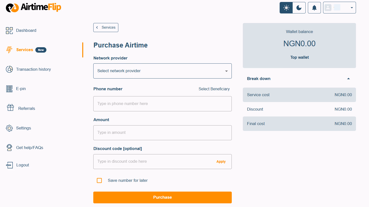 AirtimeFlip purchase airtime page