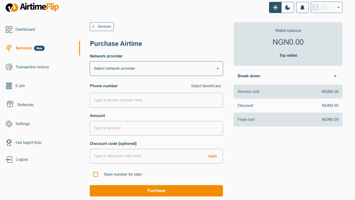 AirtimeFlip purchase airtime page