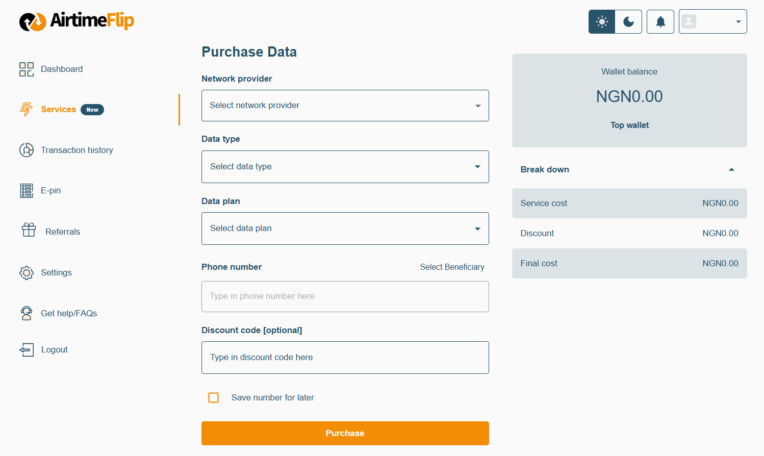 AirtimeFlip purchase data page