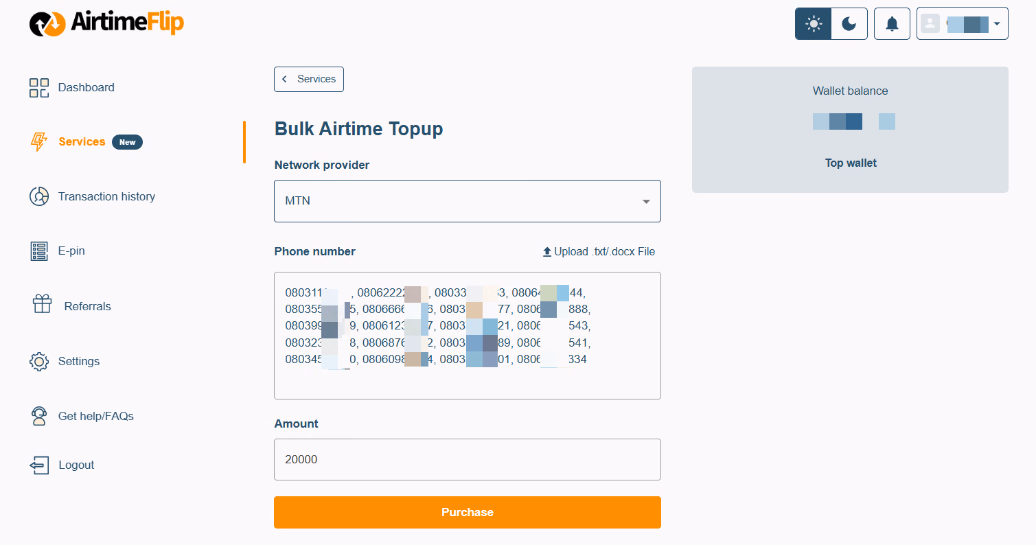 AirtimeFlip purchase bulk airtime page