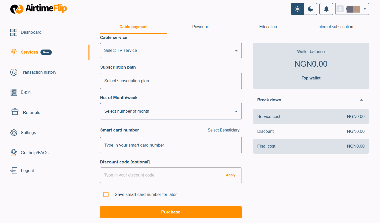 AirtimeFlip cable bill payment page