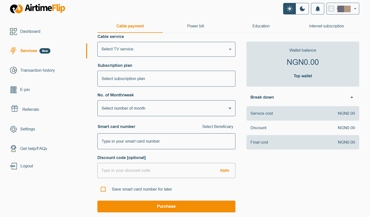 AirtimeFlip cable bill payment page