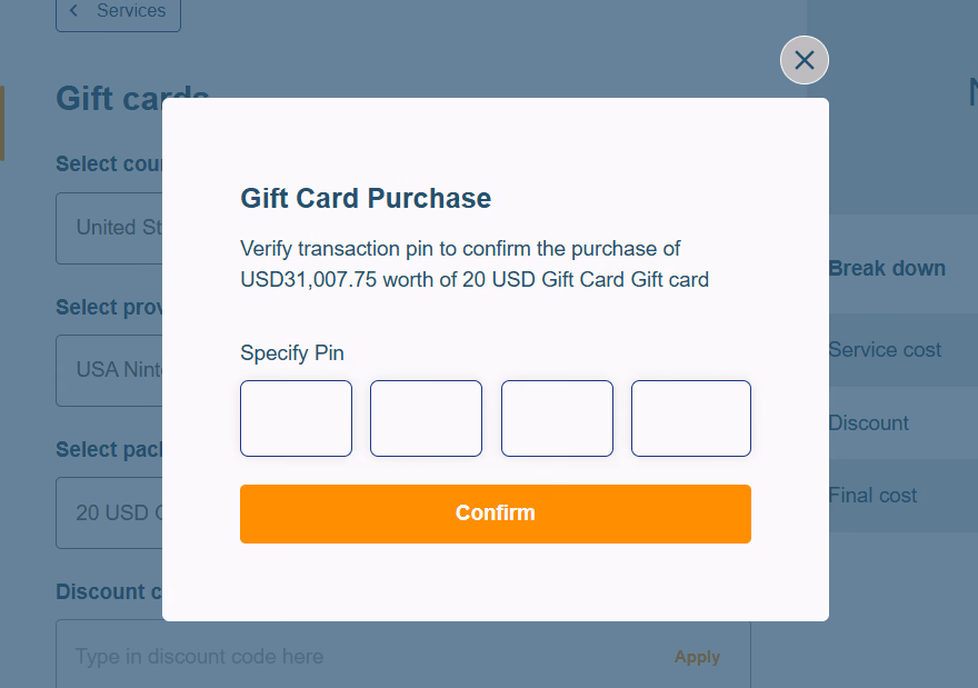 AirtimeFlip confirm gift card purchase details
