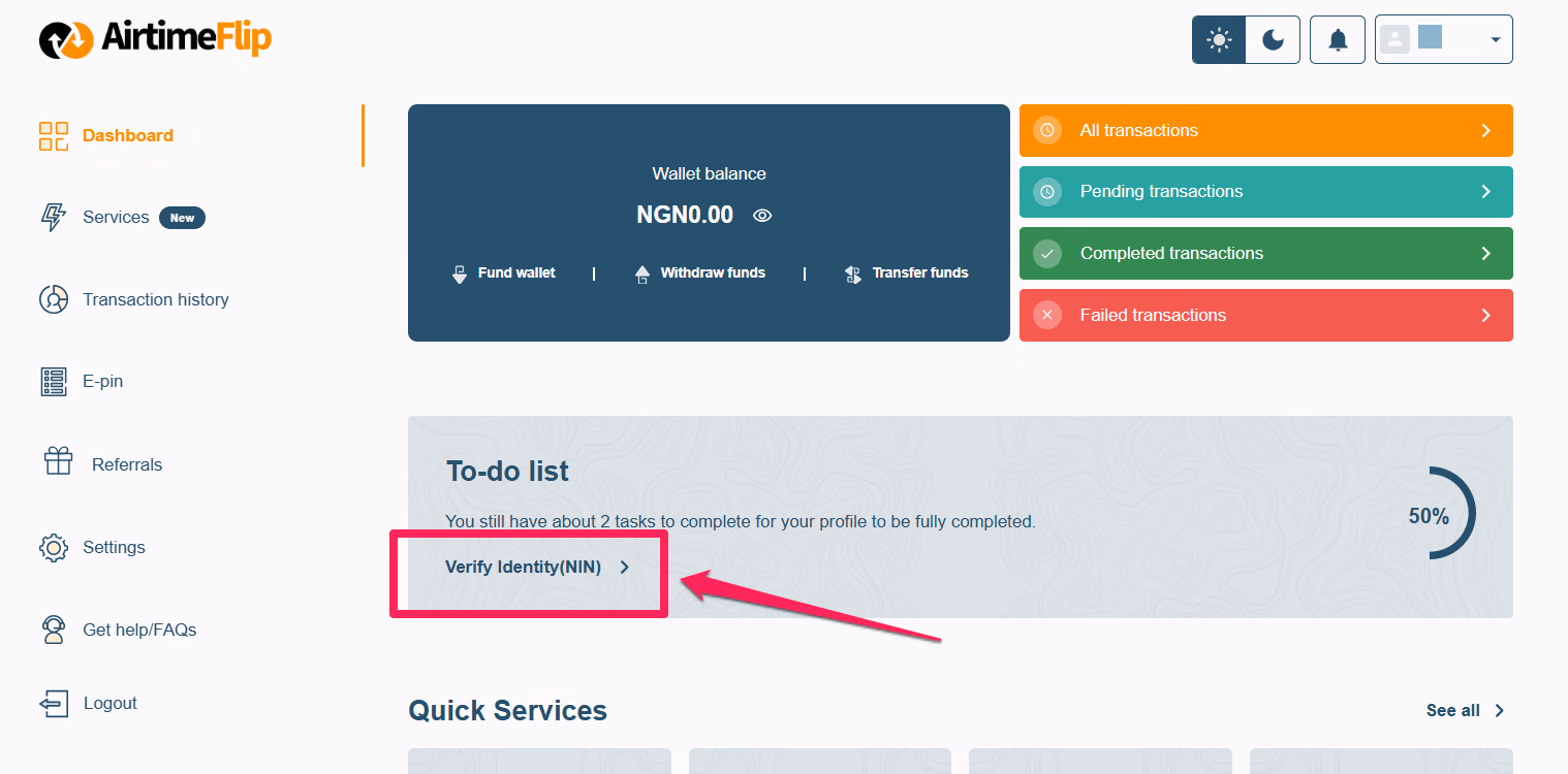 AirtimeFlip dashboard - verify identity page