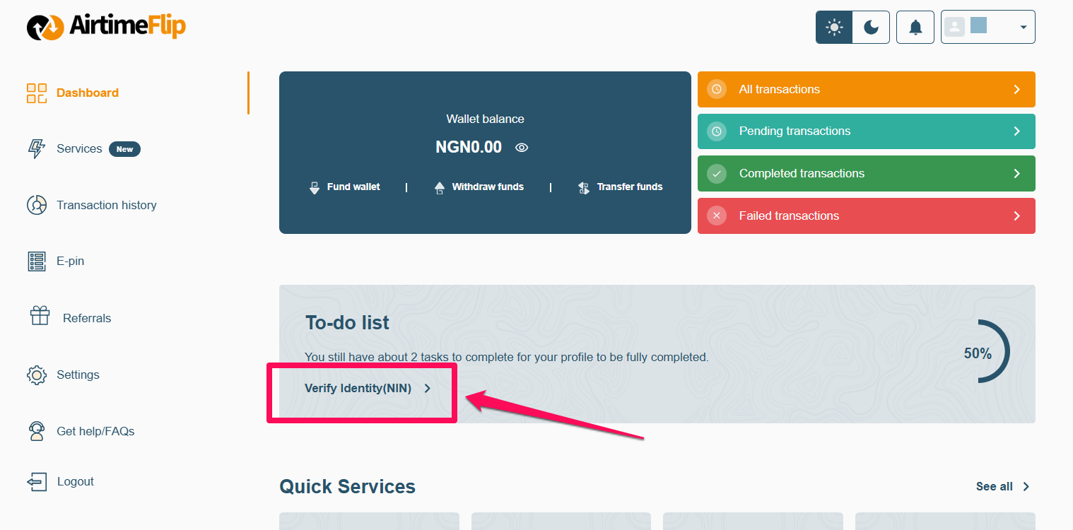AirtimeFlip dashboard - verify identity page