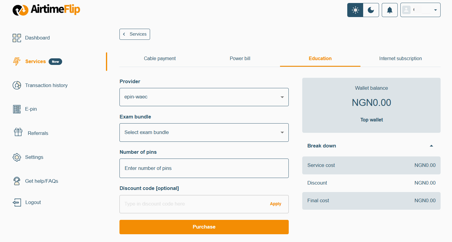 AirtimeFlip education bill payment page