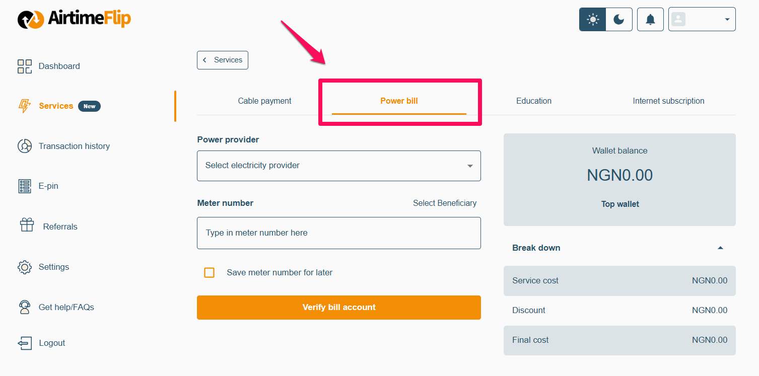 AirtimeFlip electricity bill payment page