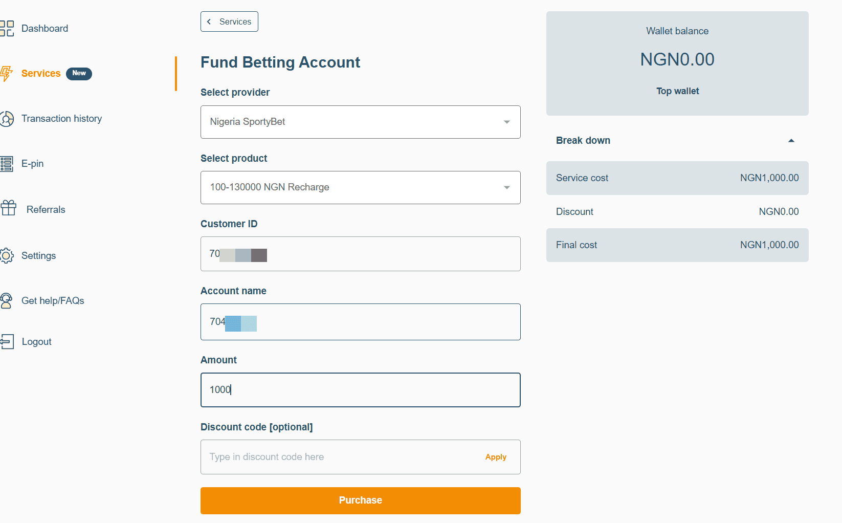 AirtimeFlip fund betting account page