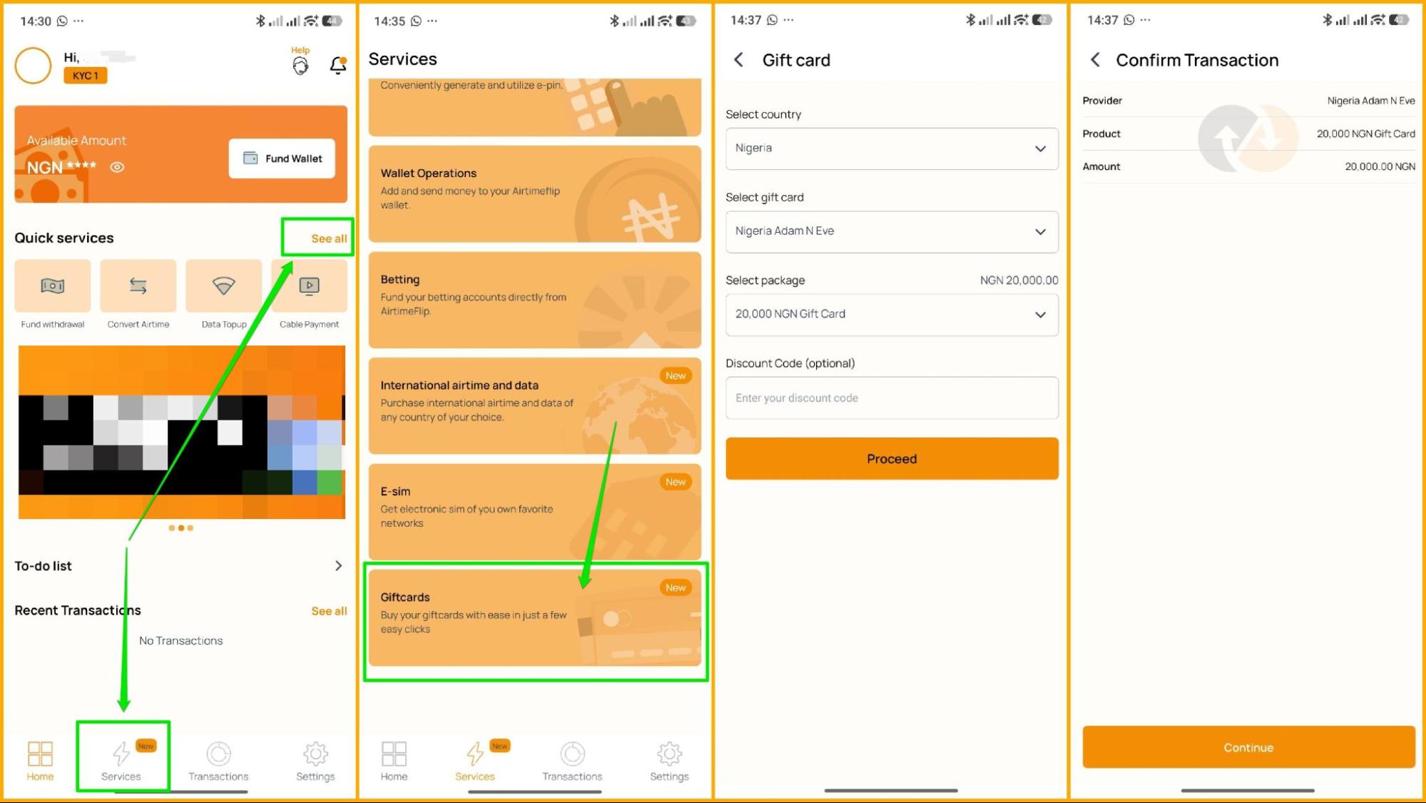 AirtimeFlip mobile giftcard purchase flow