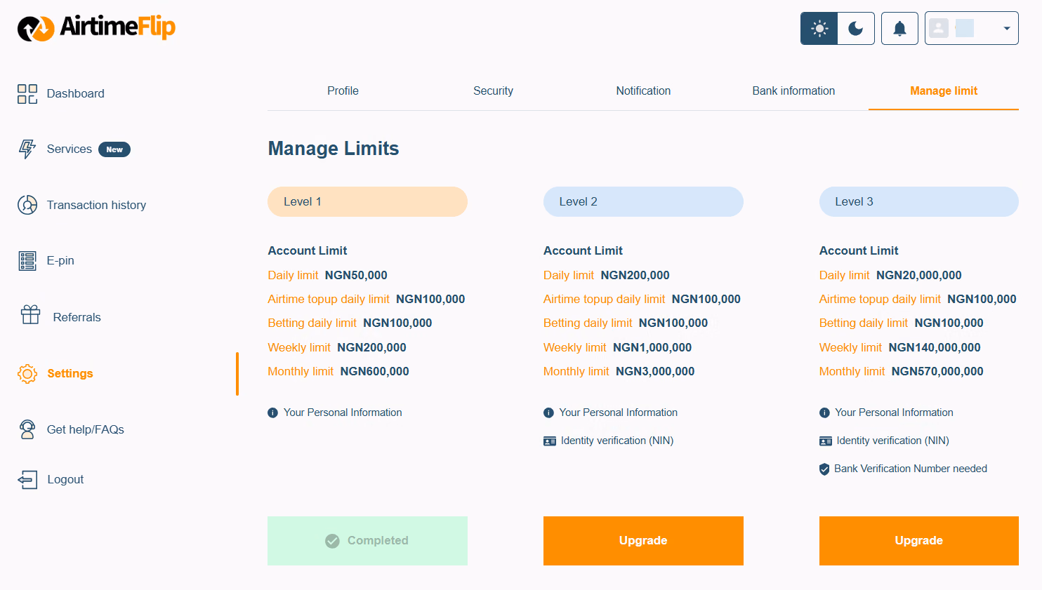 AirtimeFlip manage limit page