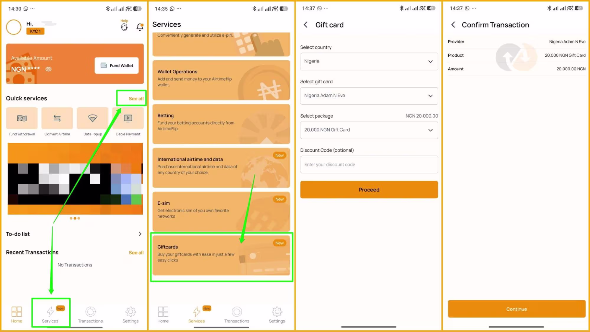 AirtimeFlip mobile giftcard purchase flow