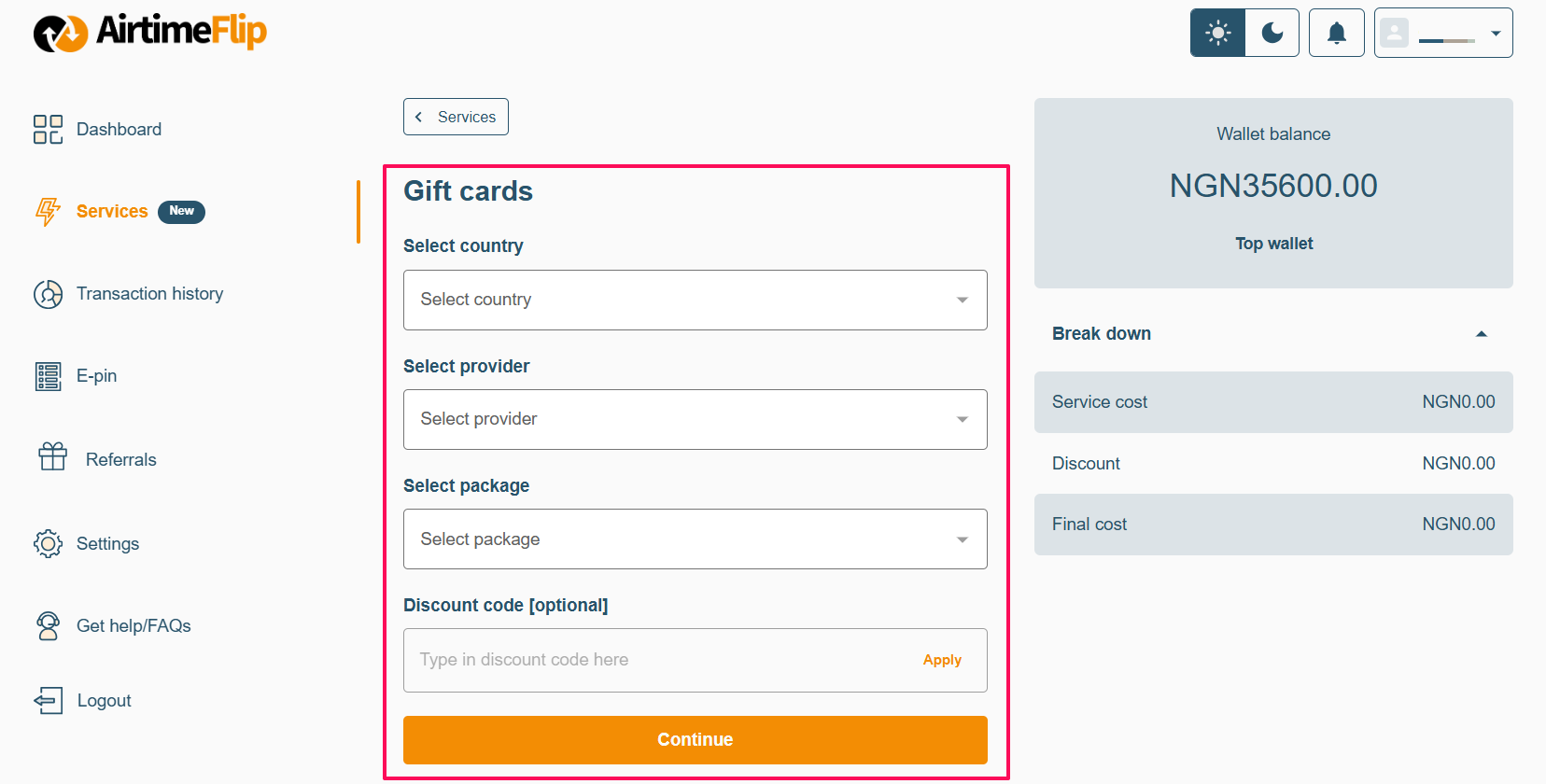 Purchase gift card page
