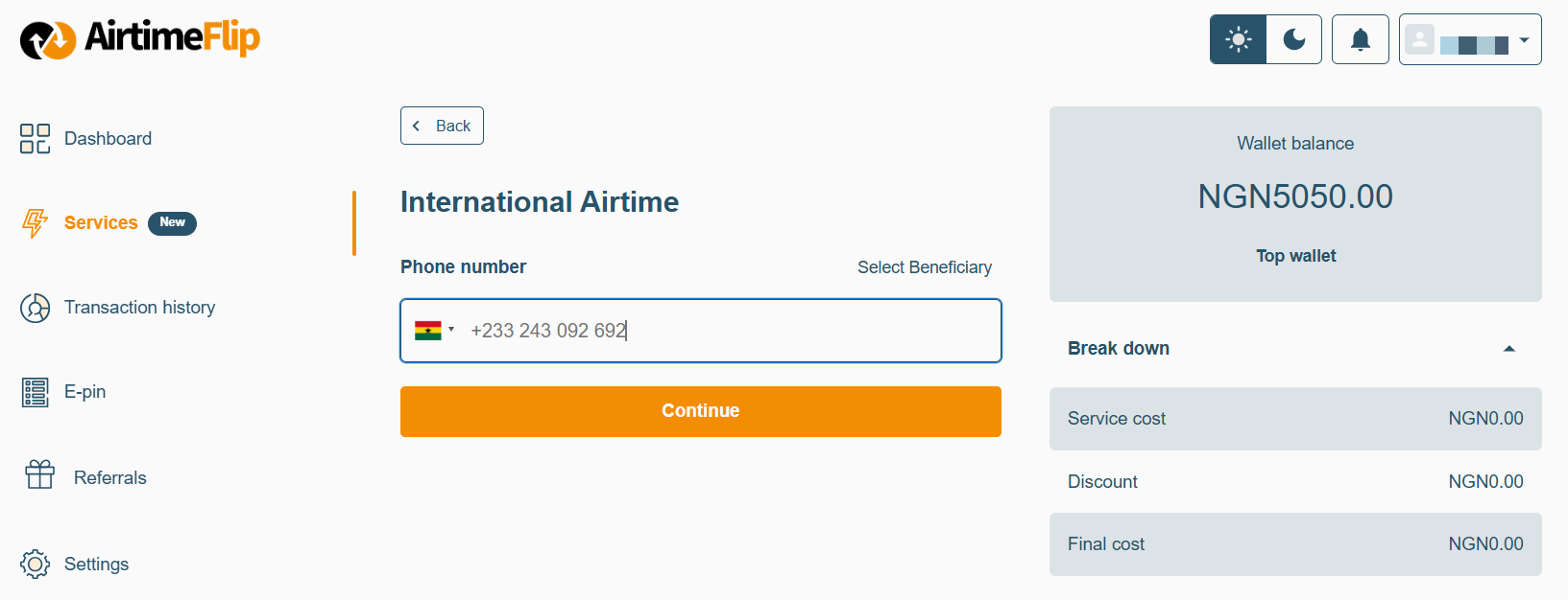 Purchase international airtime page