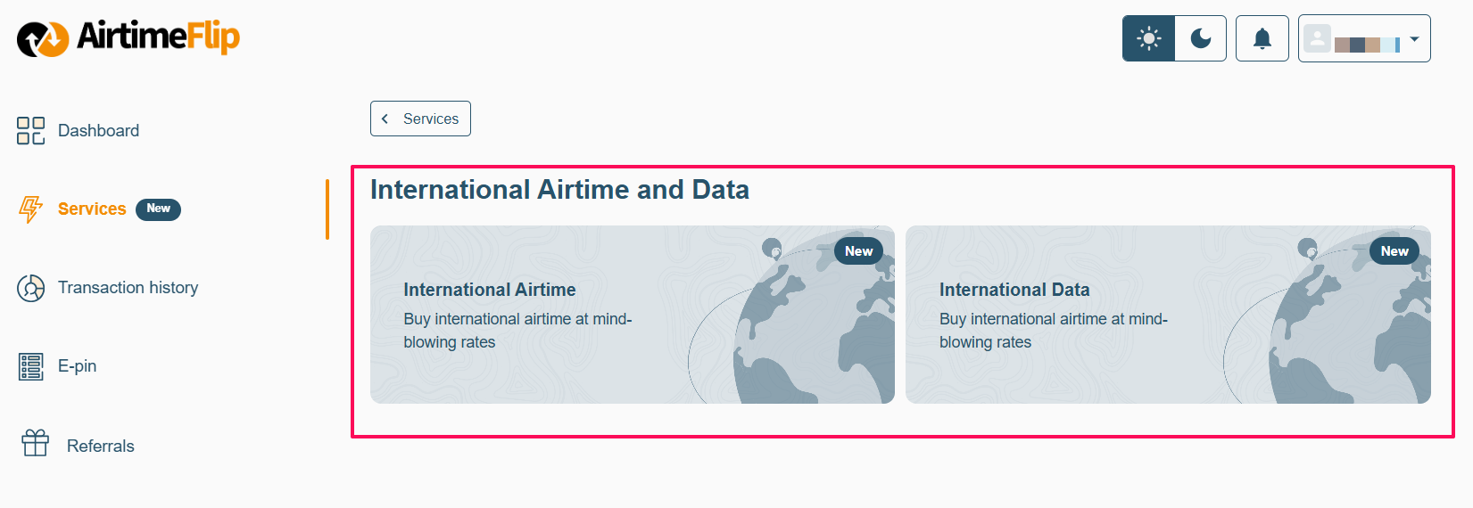 Select international airtime or data