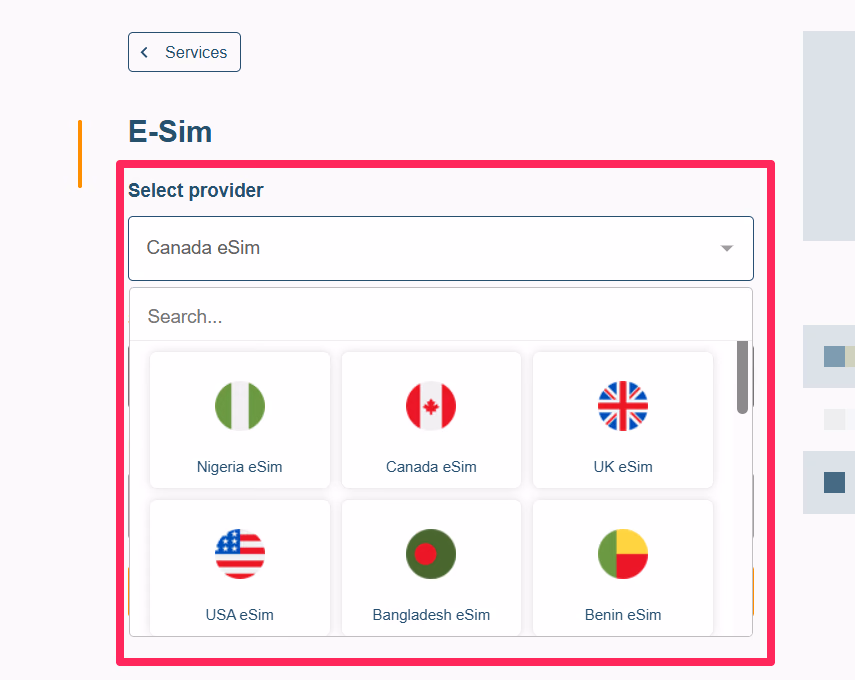 eSIM destination country selection
