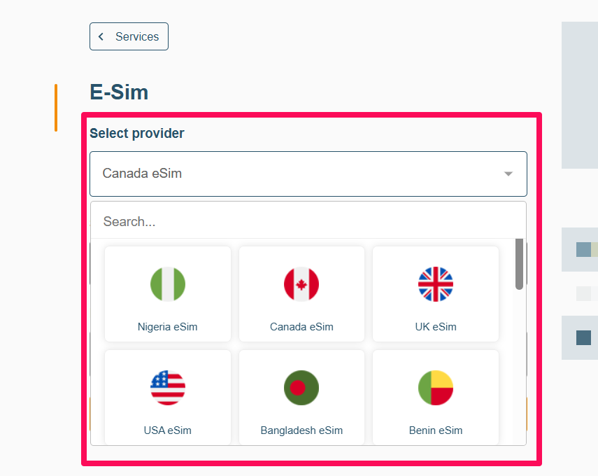eSIM destination country selection