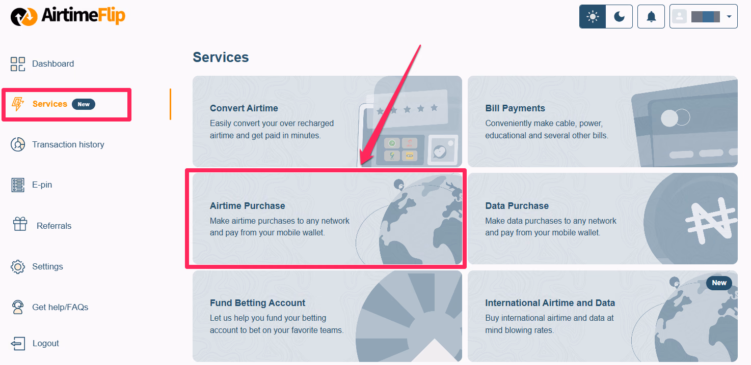 Select airtime purchase - services page