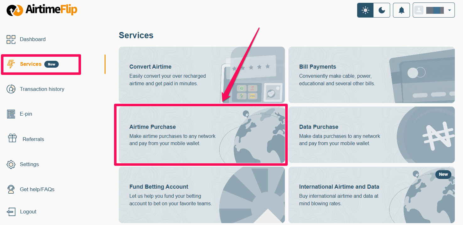 Select airtime purchase - services page