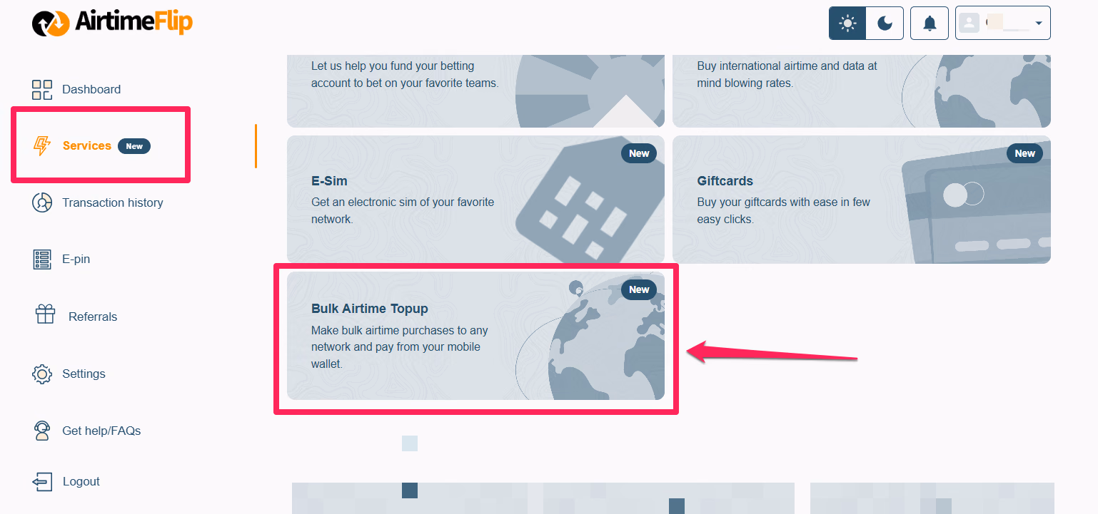 Select bulk airtime purchase - services page