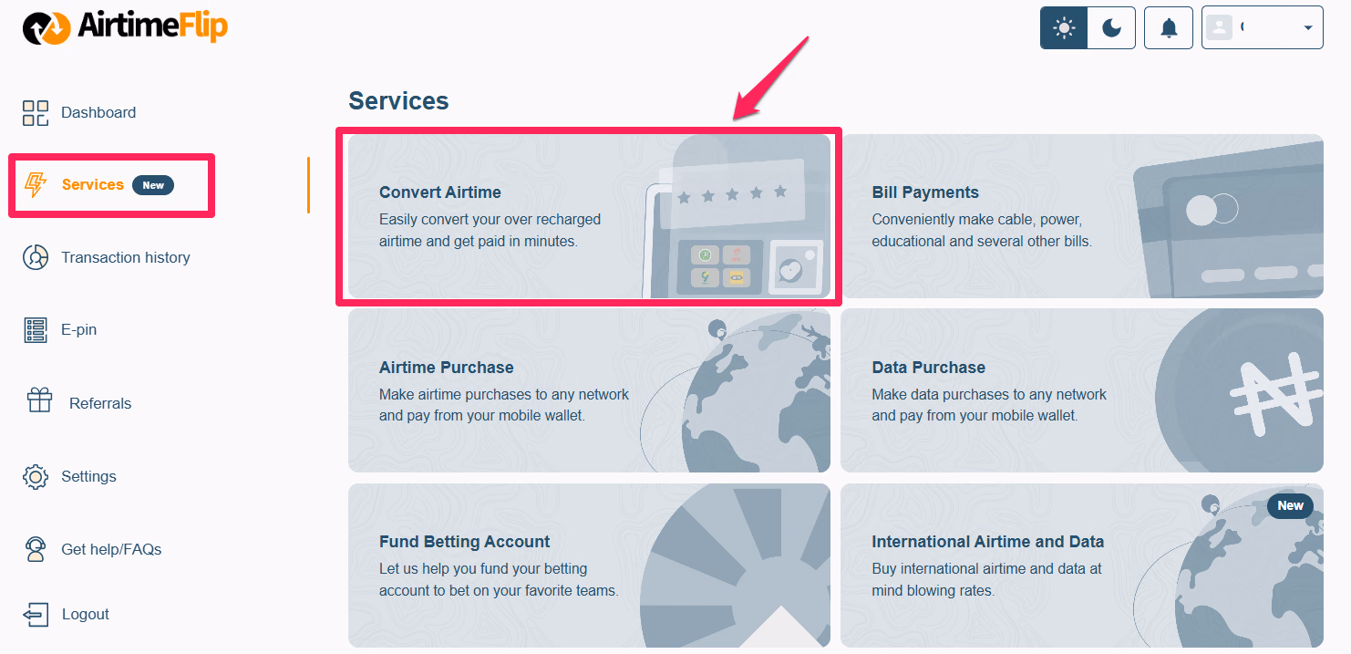Service page - select convert airtime