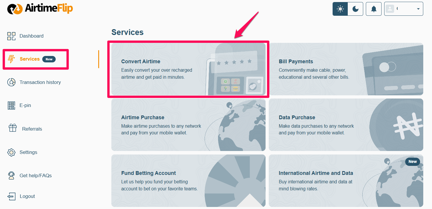 Service page - select convert airtime