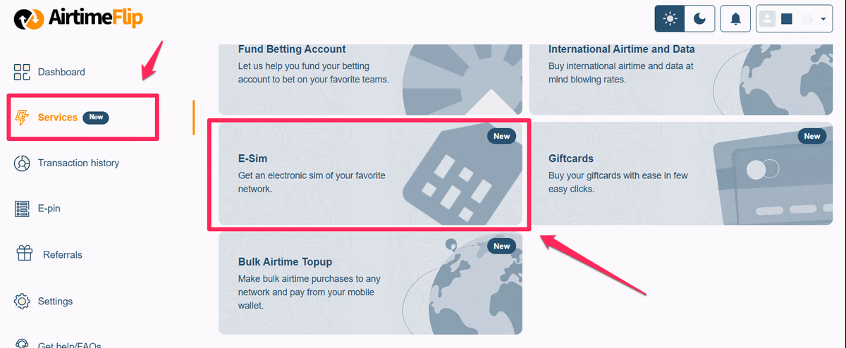 Service page - select eSIM