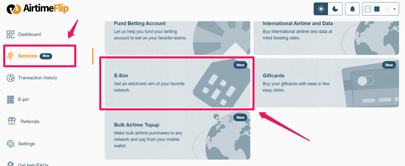 Service page - select eSIM
