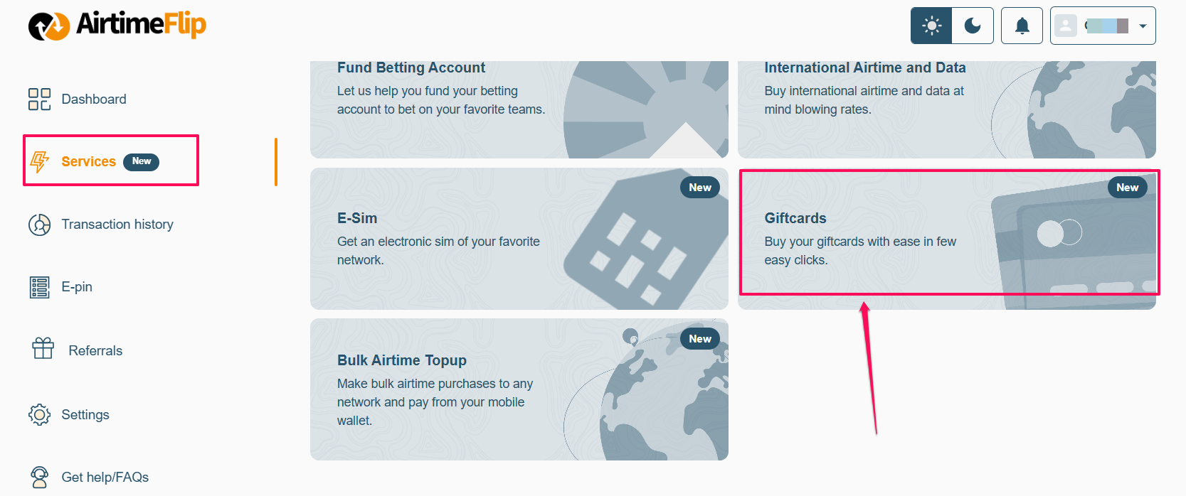 Services page - select gift card