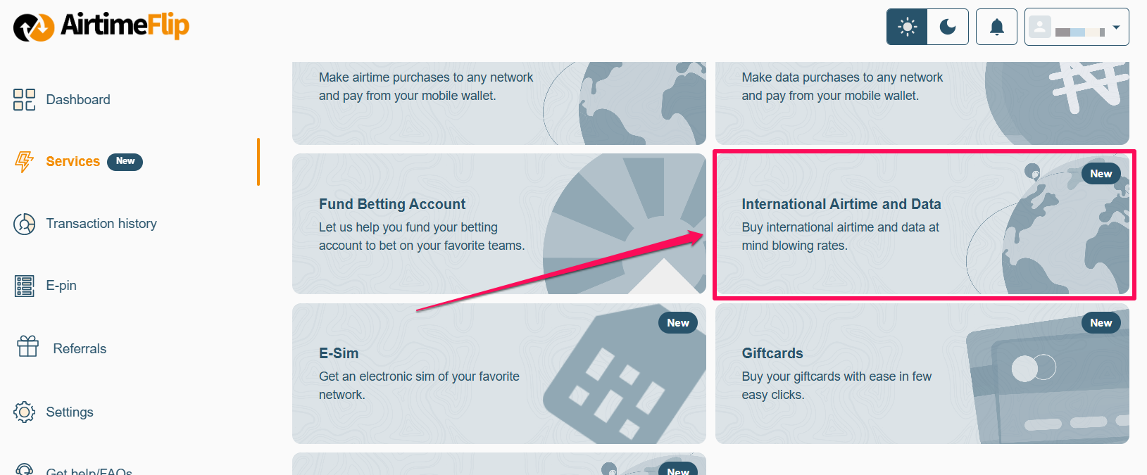 Service page - Select international airtime and data