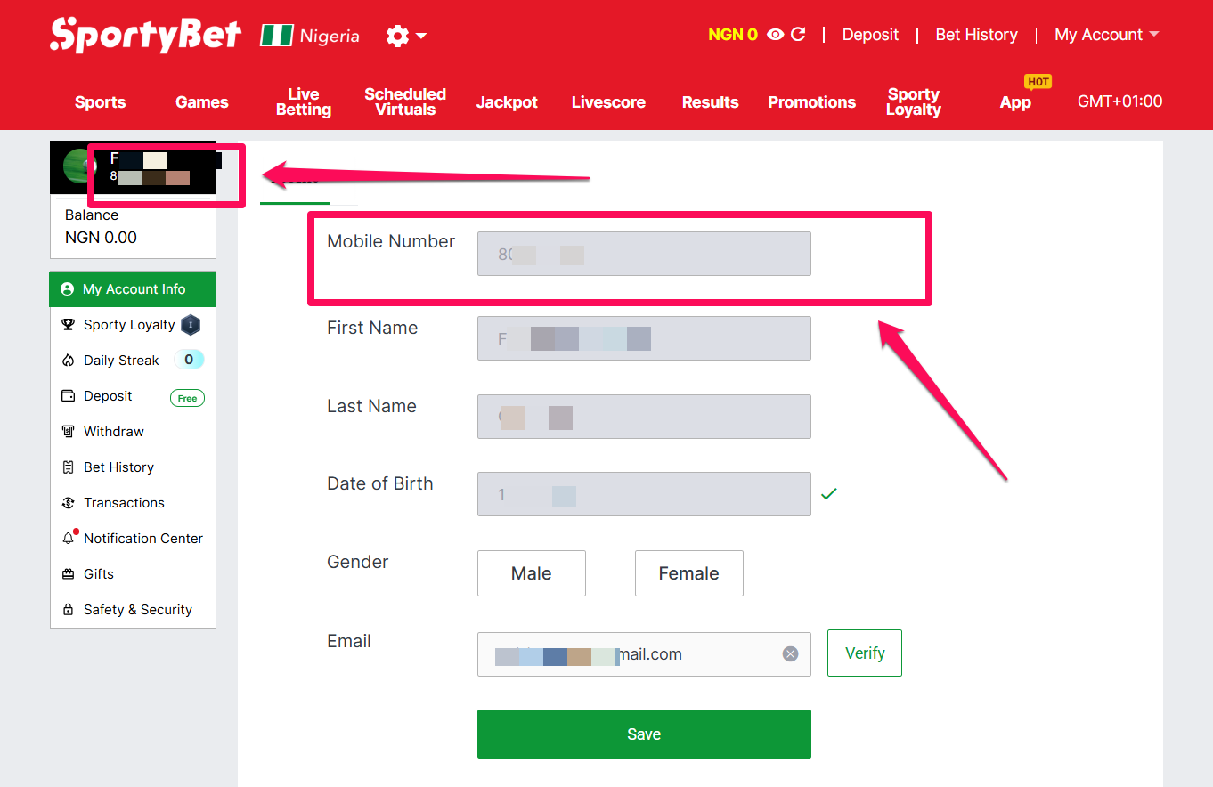 SportyBet account information