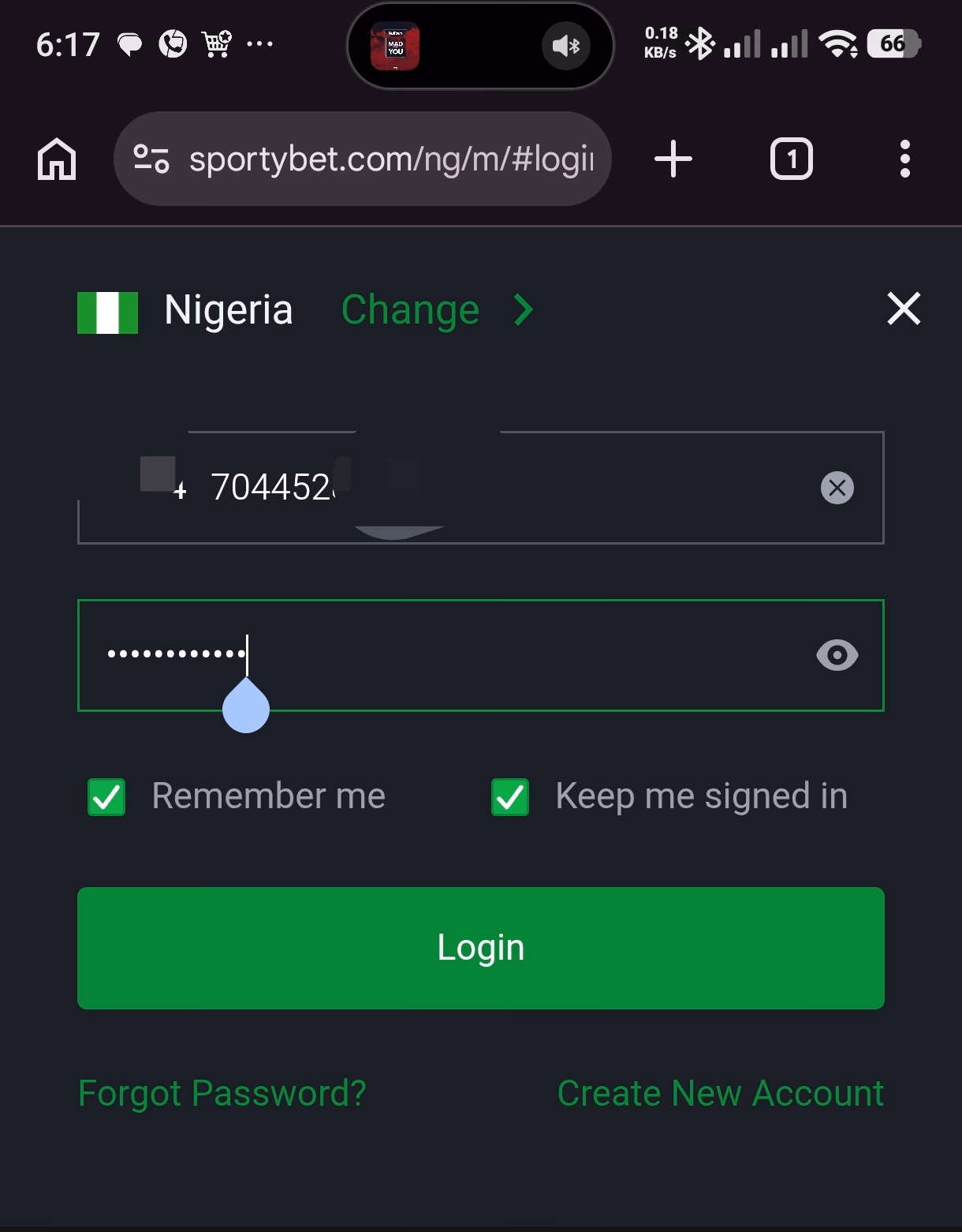 Sportybet login page - on mobile view