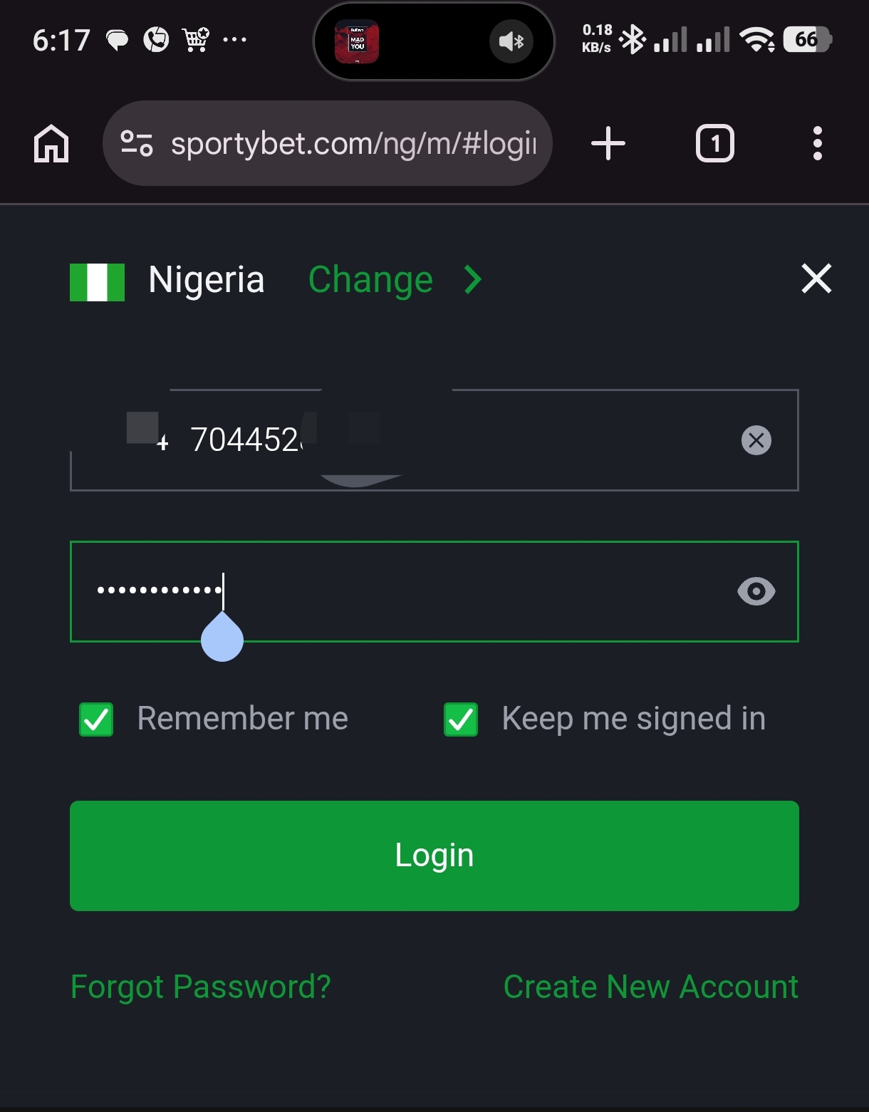 Sportybet login page - on mobile view