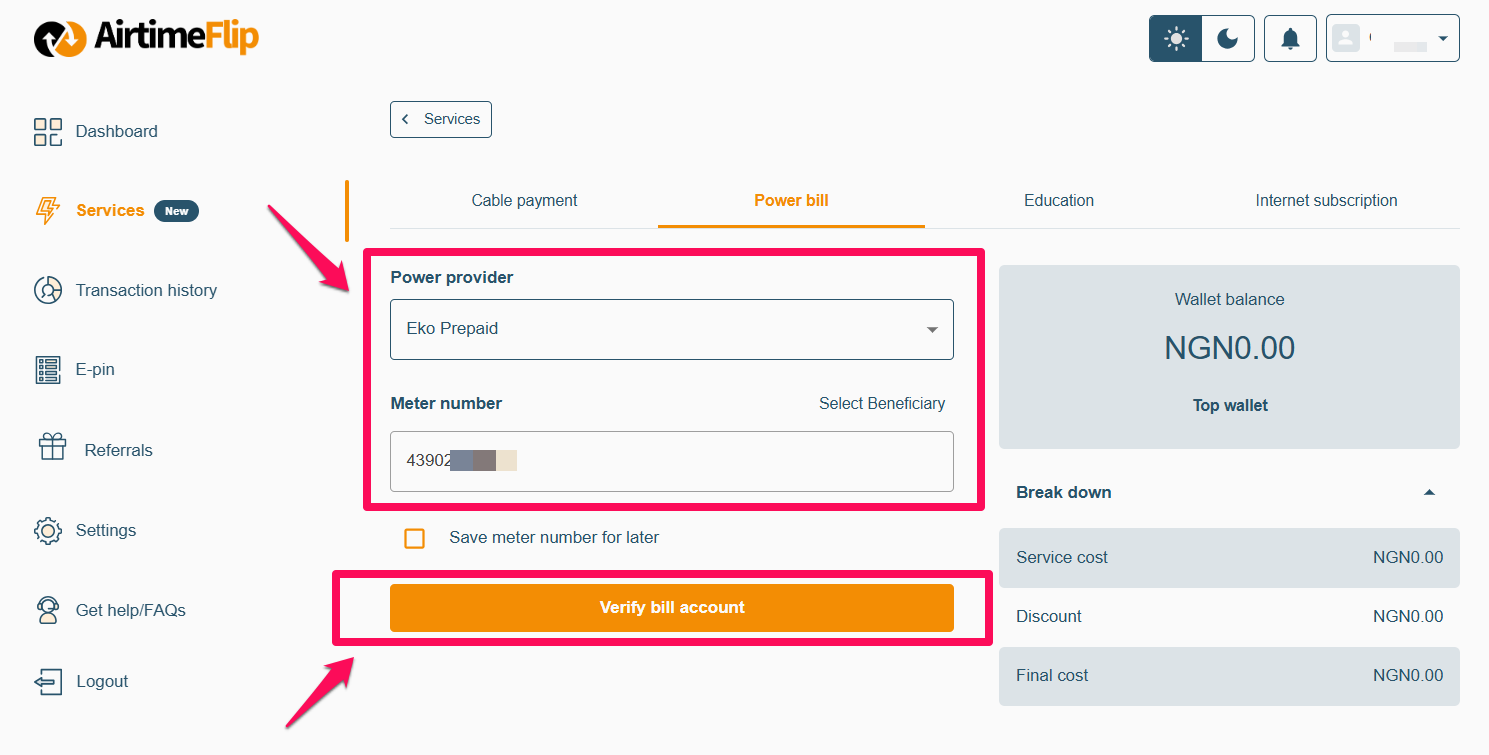 AirtimeFlip dashboard - vend bill page